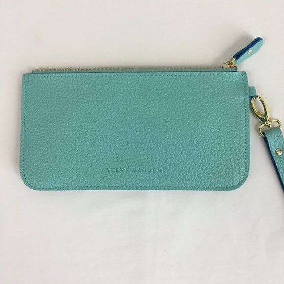 Steve Madden Blue Wristlet Double Zipper Textured Thin Slim Faux Leather - Picture 2 of 9